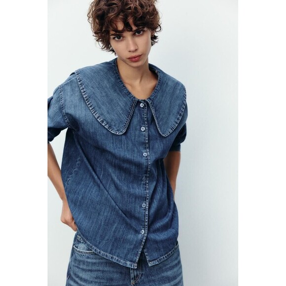 Zara Trf Denim Shirt With Bib Collar - S - Picture 1 of 12